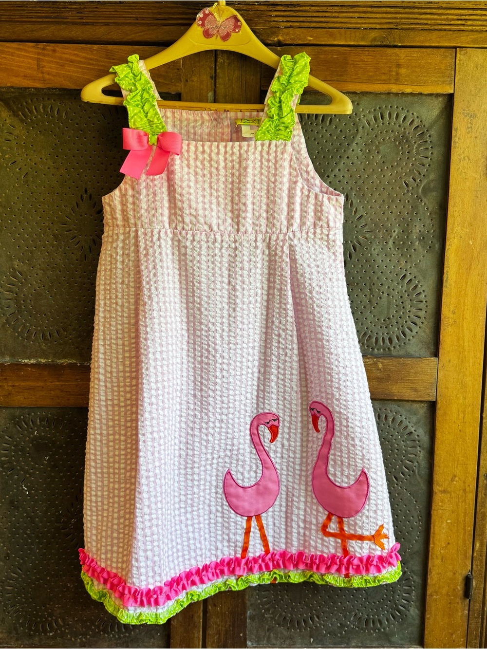 Izzie Girls Pink Flamingo Seersucker Sundress with Lime Ruffle Straps